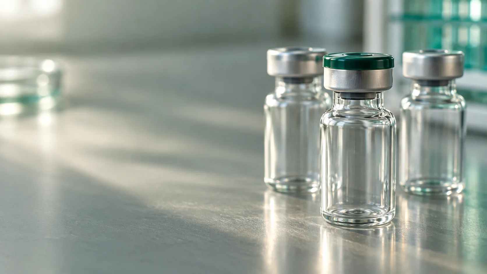 KI-generierte Laboraufnahme: Kleine klare Glasvials mit Metallbördelverschluss und grüner Flip-off-Kappe.