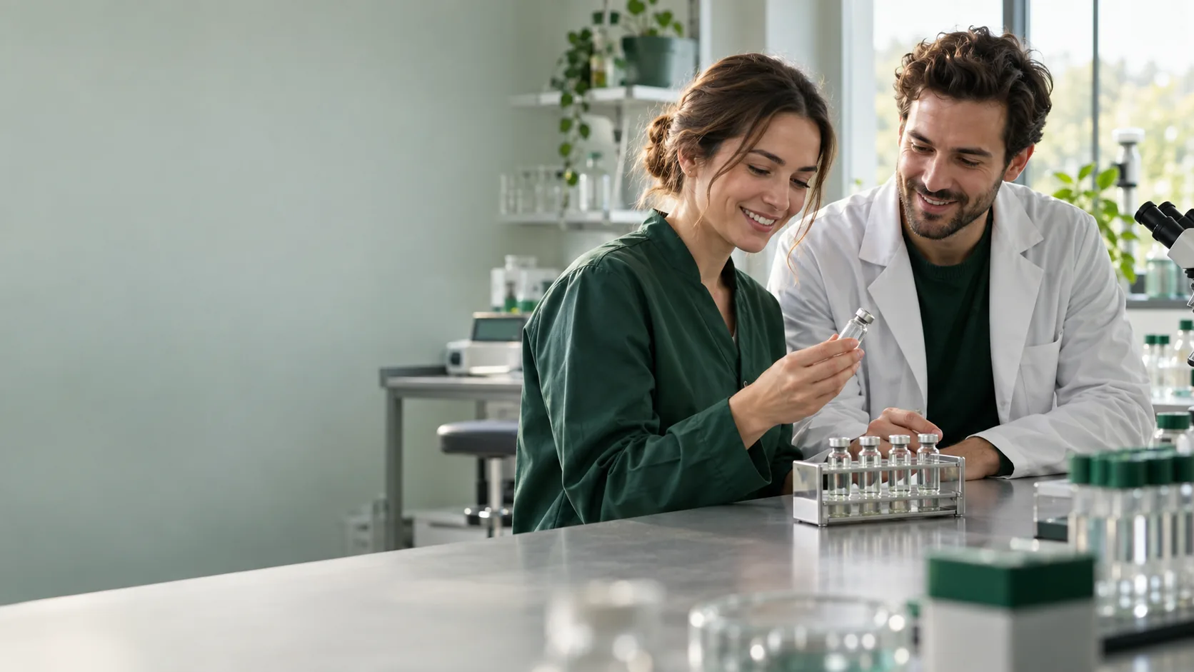 KI-generierte Symbolszene: Zwei Forschende im Gespräch an einer Laborbank mit kleinen Glasvials.