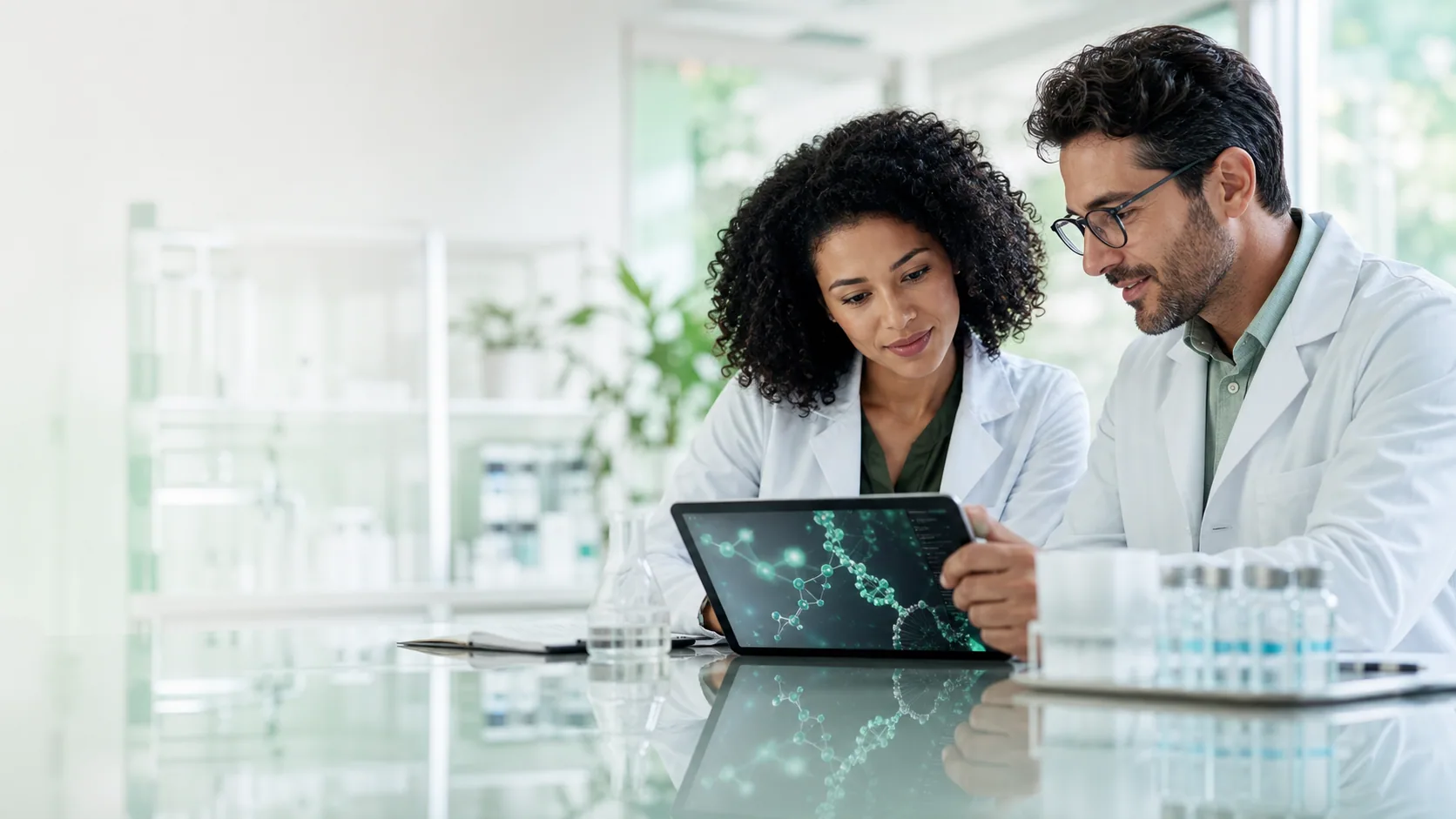 Zwei Fachpersonen prüfen wissenschaftliche Peptidinformationen in einem hellen Biotech-Arbeitsumfeld.