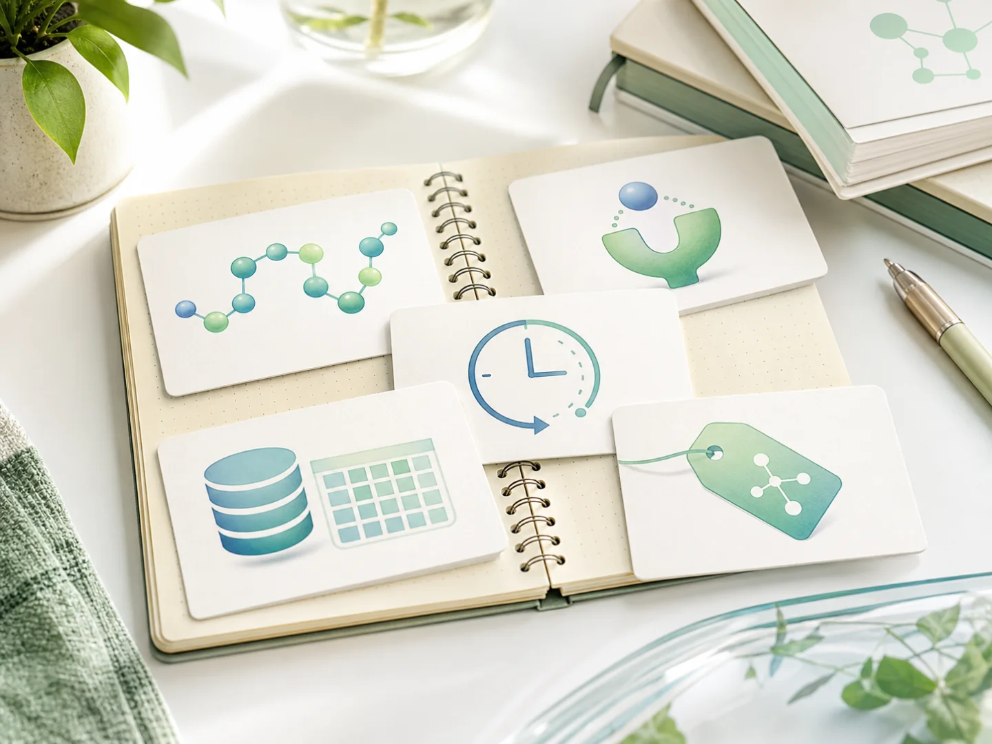 Symbolkarten erklären Grundbegriffe wie Sequenz, Rezeptor, Halbwertszeit und Datenbank.