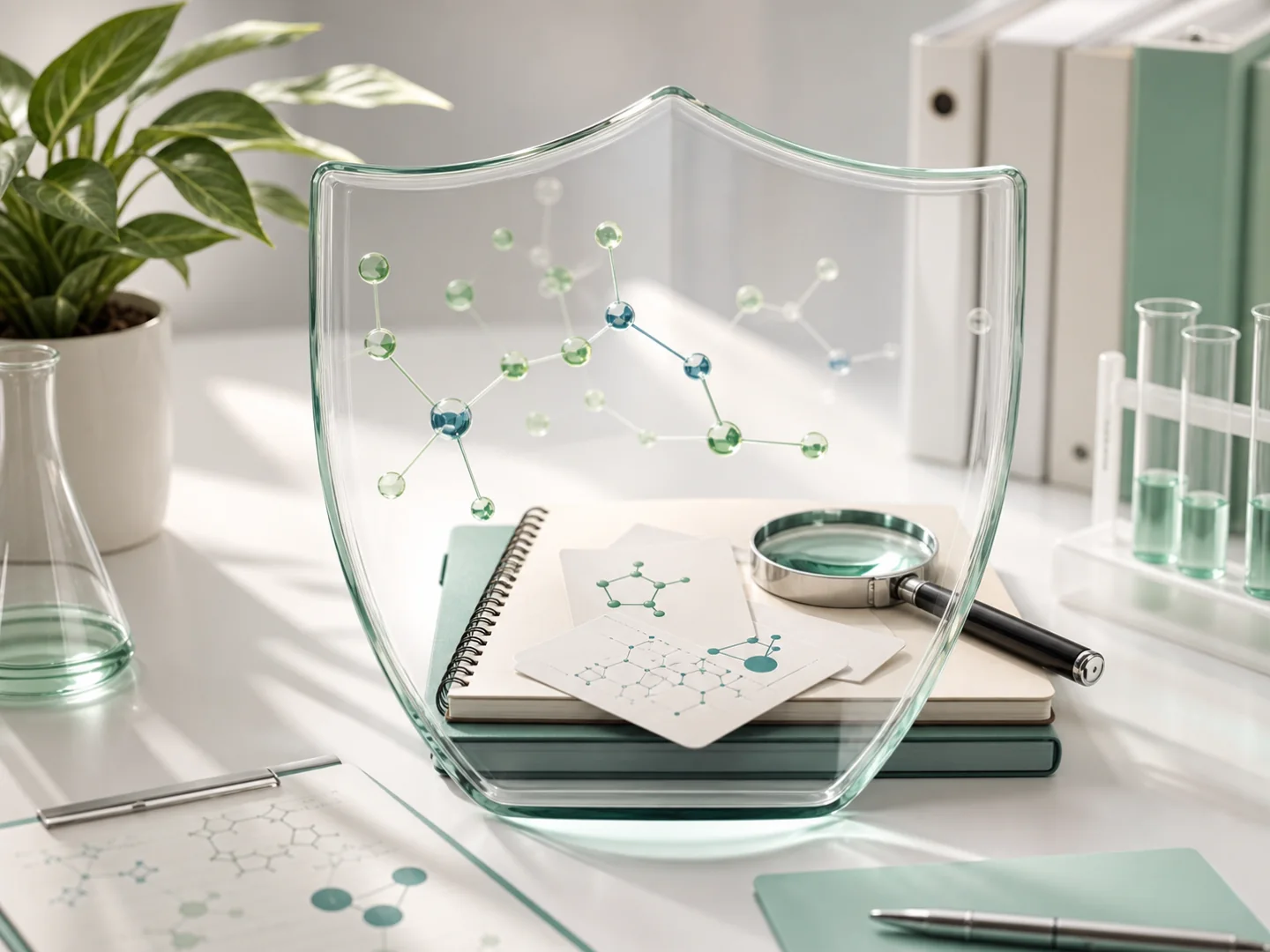 Ein transparenter Schutzschild trennt research-only Unterlagen und Molekülkarten auf einem hellen Schreibtisch.