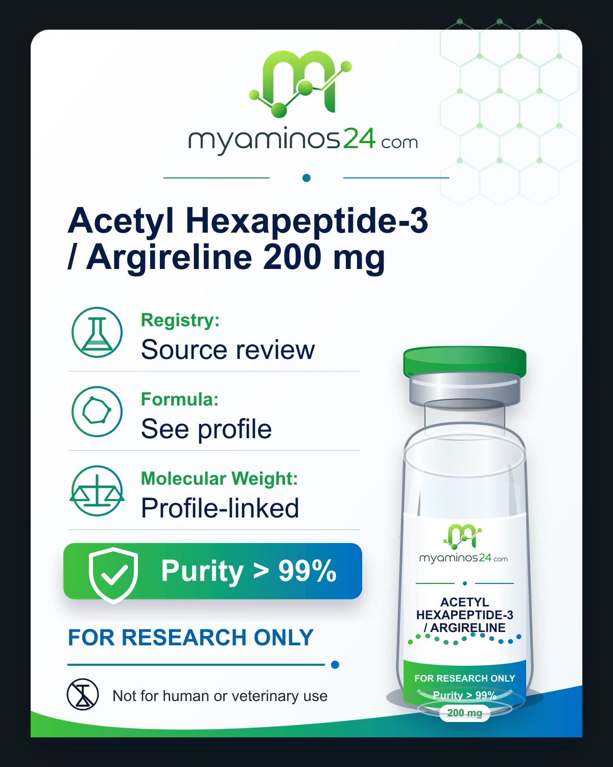 Research-only Kartei zu Acetyl Hexapeptide-3 / Argireline 200 mg mit CAS, Formel, Molekulargewicht und Vial.