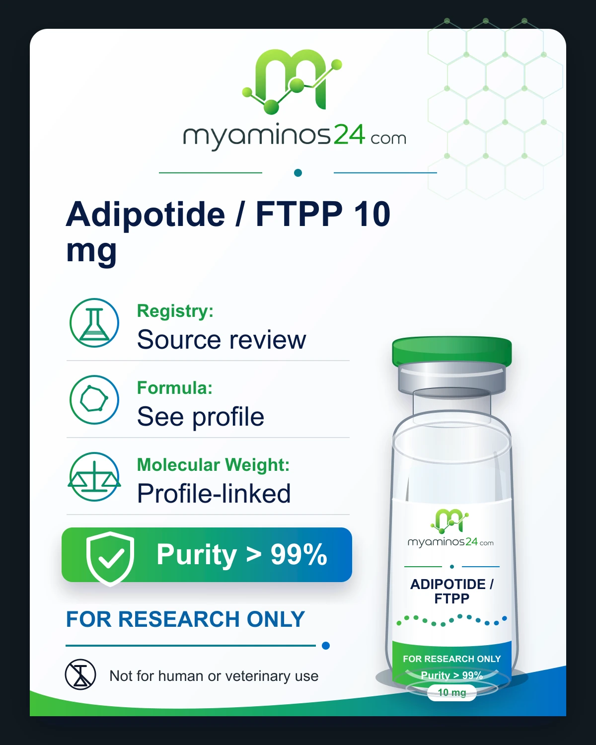 Research-only Kartei zu Adipotide / FTPP 10 mg mit CAS, Formel, Molekulargewicht und Vial.