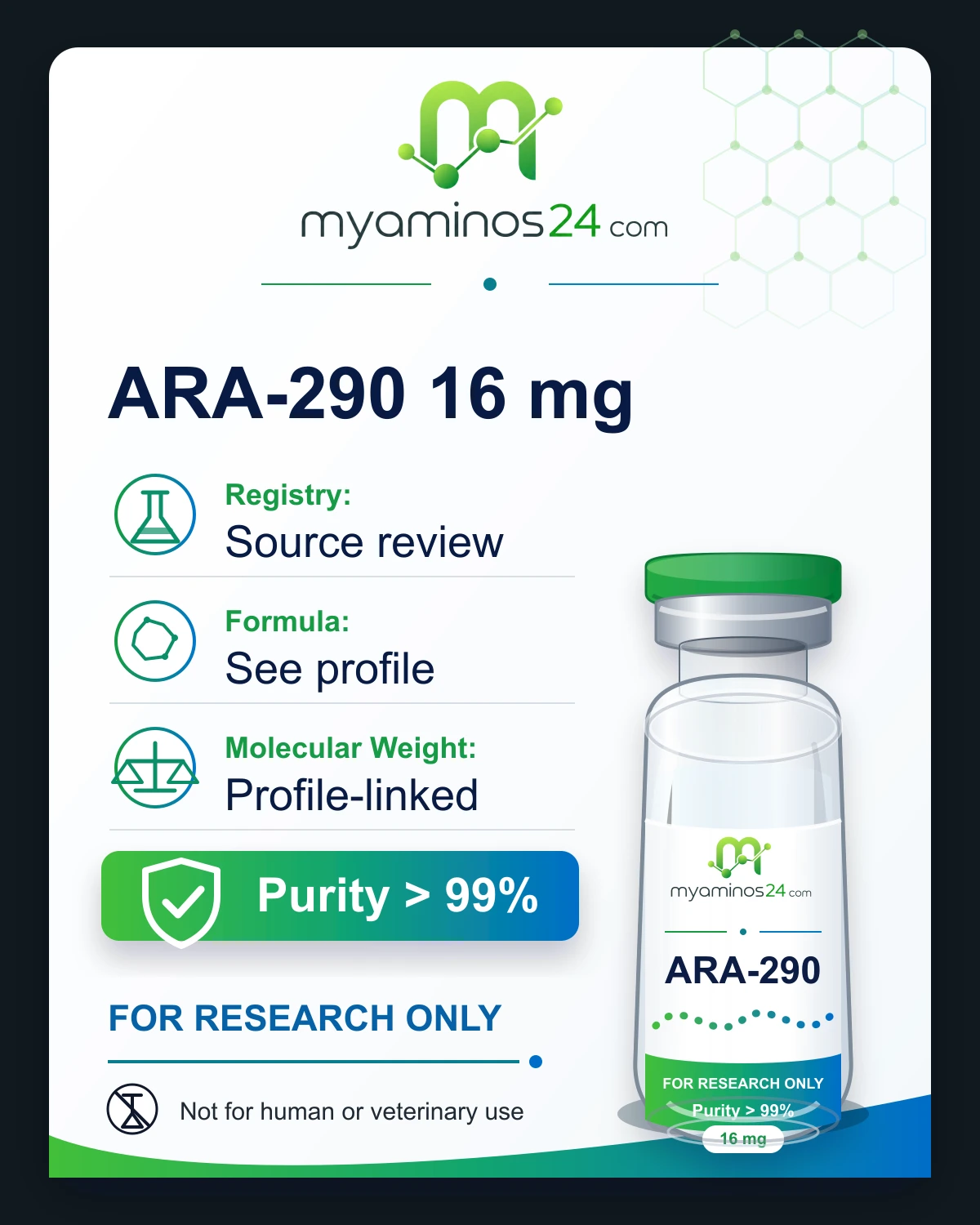Research-only Kartei zu ARA-290 16 mg mit CAS, Formel, Molekulargewicht und Vial.