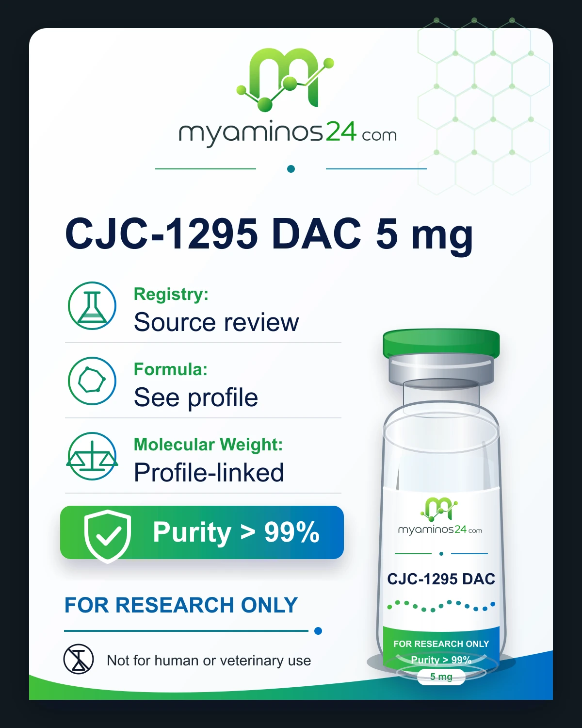 Research-only Kartei zu CJC-1295 DAC 5 mg mit CAS, Formel, Molekulargewicht und Vial.