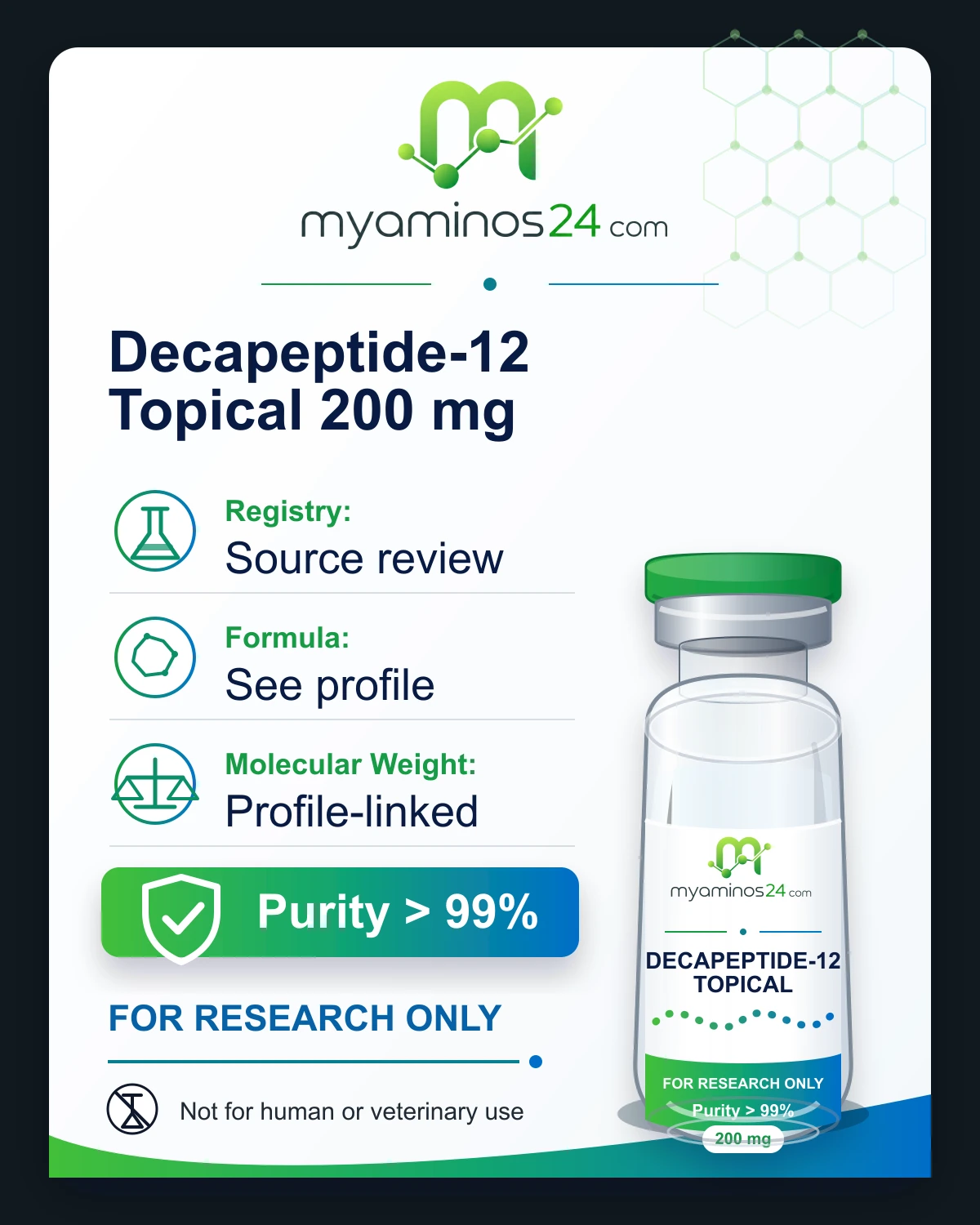 Research-only Kartei zu Decapeptide-12 Topical 200 mg mit CAS, Formel, Molekulargewicht und Vial.