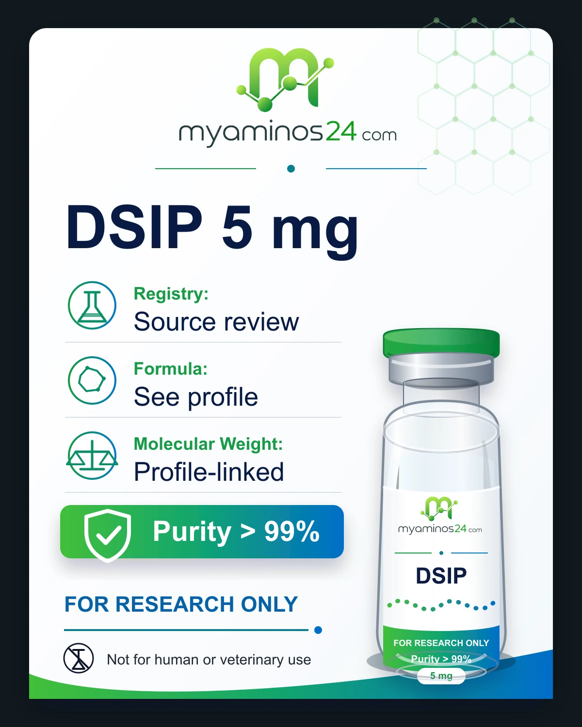 Research-only Kartei zu DSIP 5 mg mit CAS, Formel, Molekulargewicht und Vial.