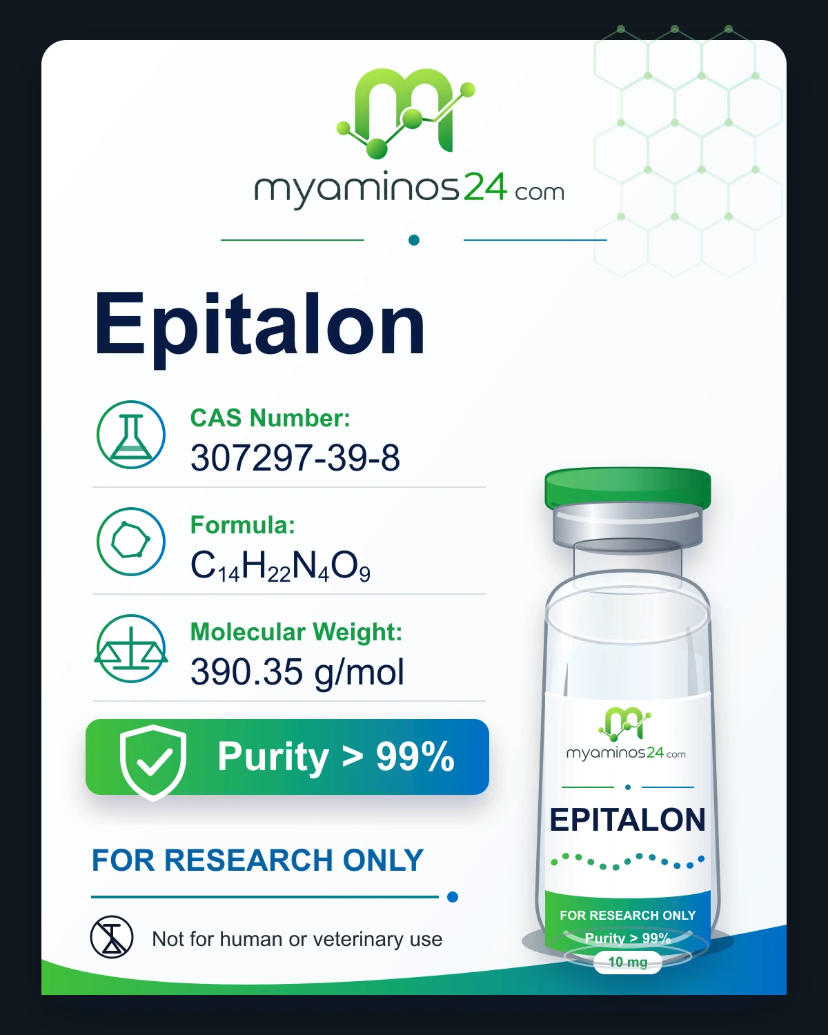 Research-only Kartei zu Epitalon mit CAS, Formel, Molekulargewicht und Vial.