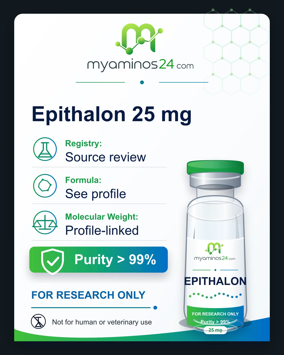 Research-only Kartei zu Epithalon 25 mg mit CAS, Formel, Molekulargewicht und Vial.