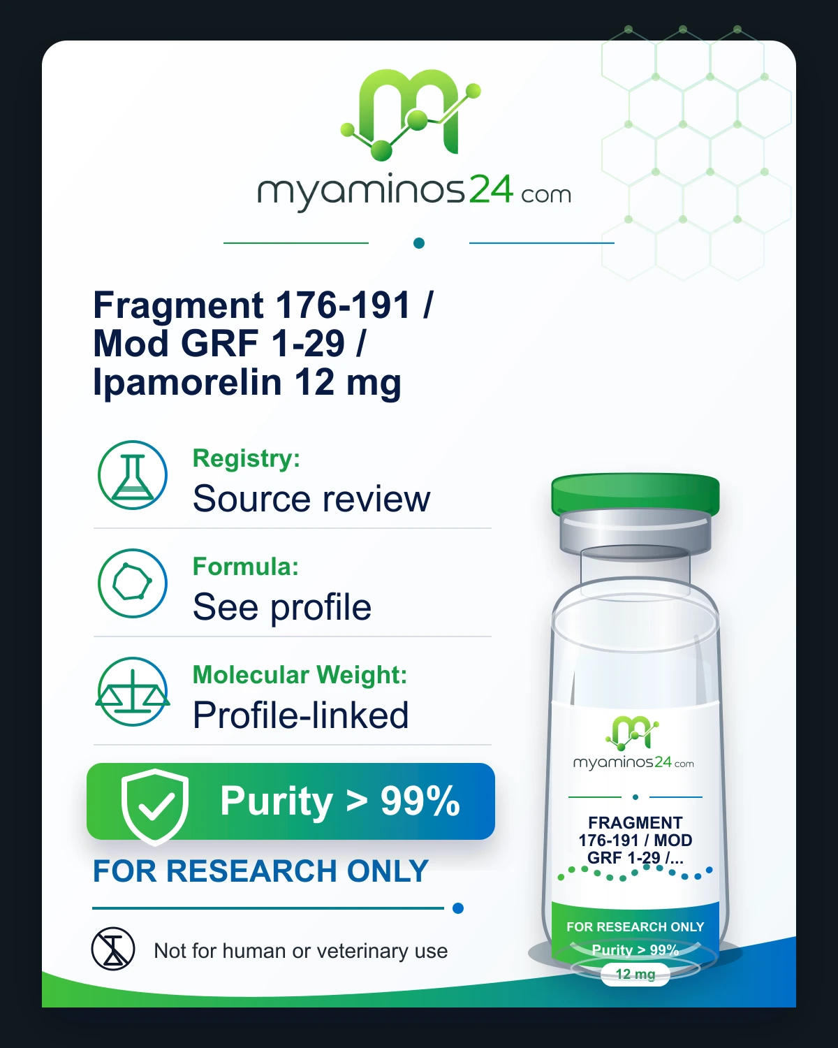 Research-only Kartei zu Fragment 176-191 / Mod GRF 1-29 / Ipamorelin 12 mg mit Profilangaben und Vial.