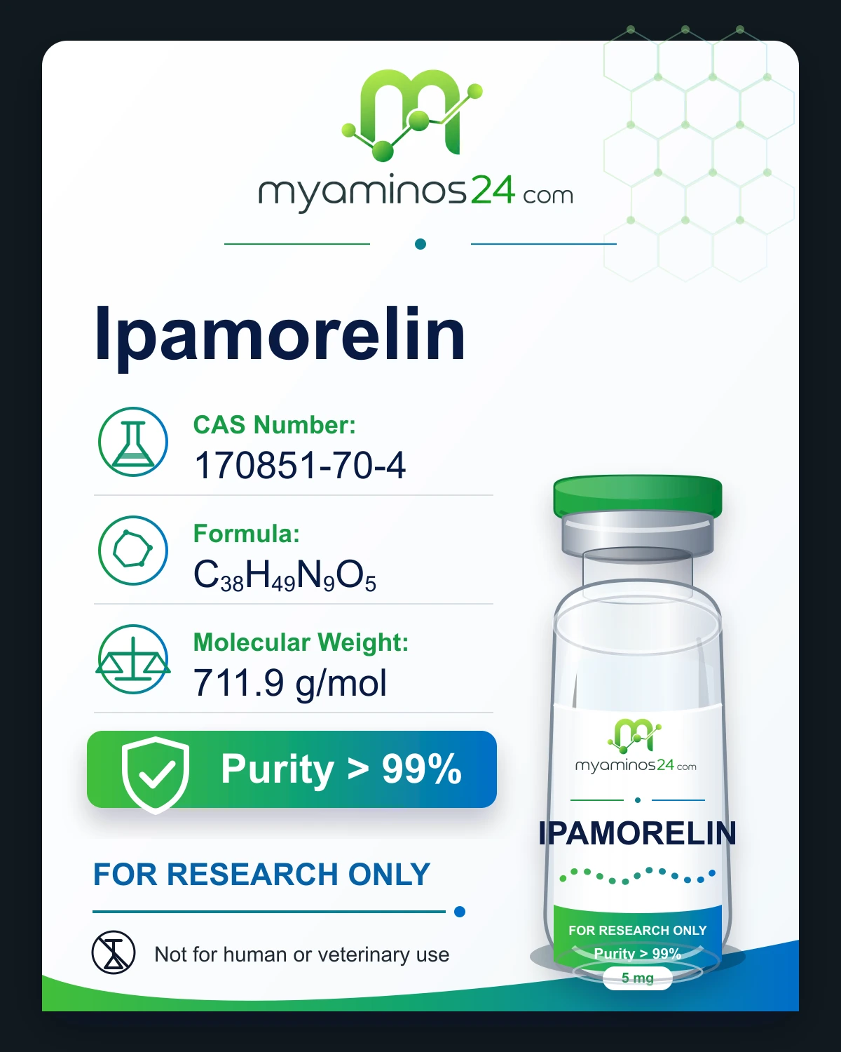 Research-only Kartei zu Ipamorelin mit CAS, Formel, Molekulargewicht und Vial.