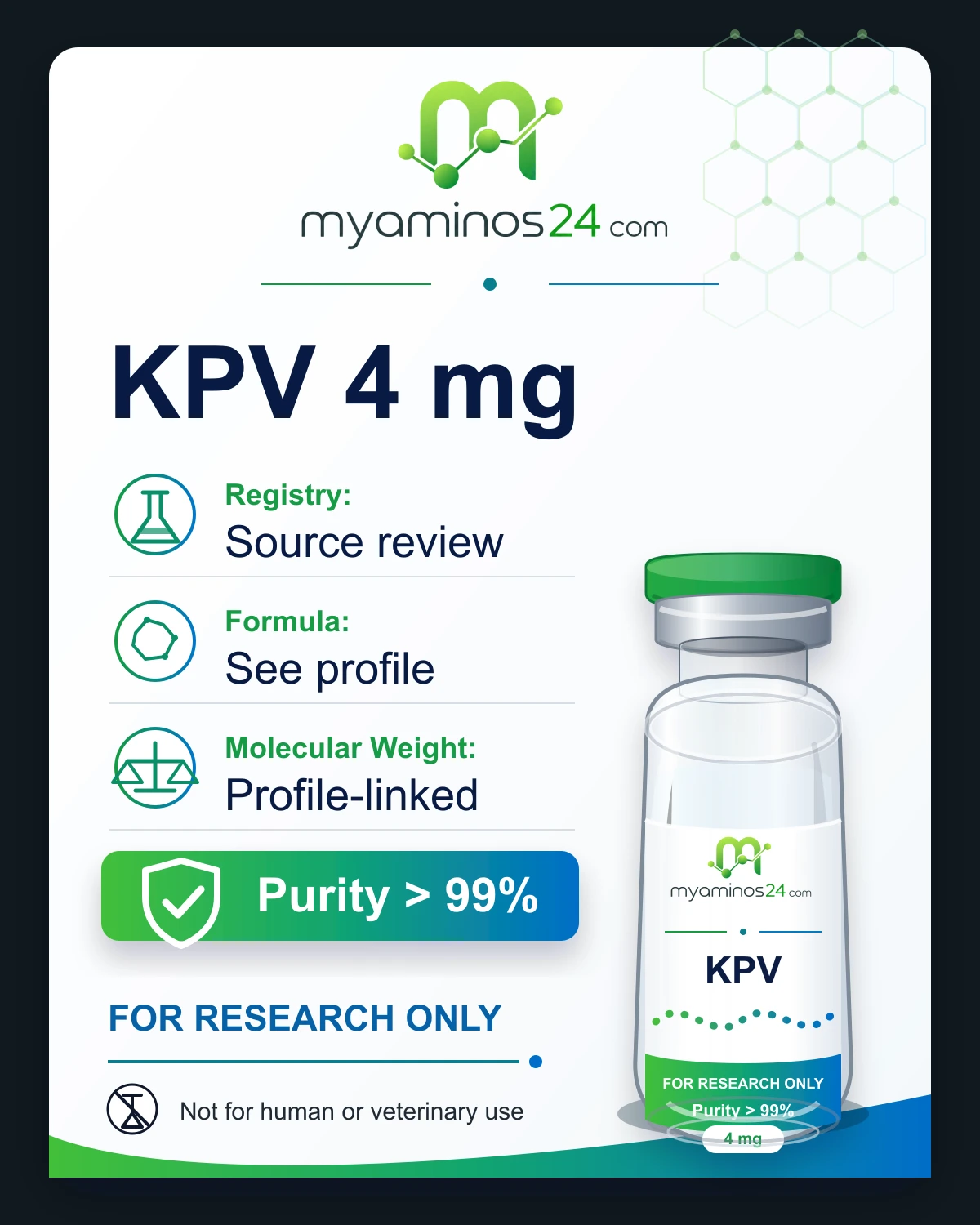 Research-only Kartei zu KPV 4 mg mit Profilangaben und Vial.
