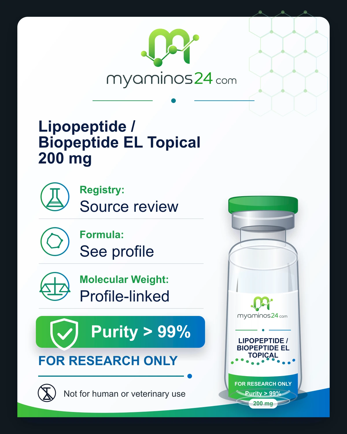 Research-only Kartei zu Lipopeptide / Biopeptide EL Topical 200 mg mit CAS, Formel, Molekulargewicht und Vial.