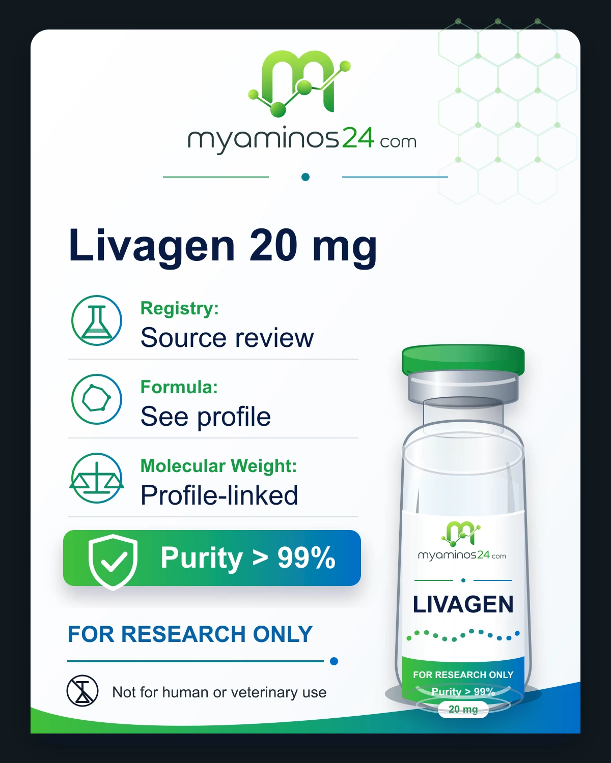 Research-only Kartei zu Livagen 20 mg mit CAS, Formel, Molekulargewicht und Vial.