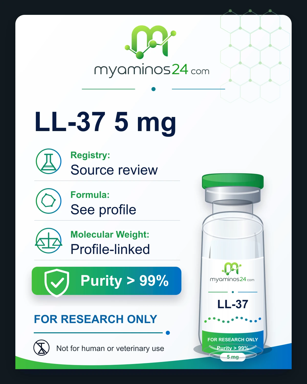 Research-only Kartei zu LL-37 5 mg mit CAS, Formel, Molekulargewicht und Vial.