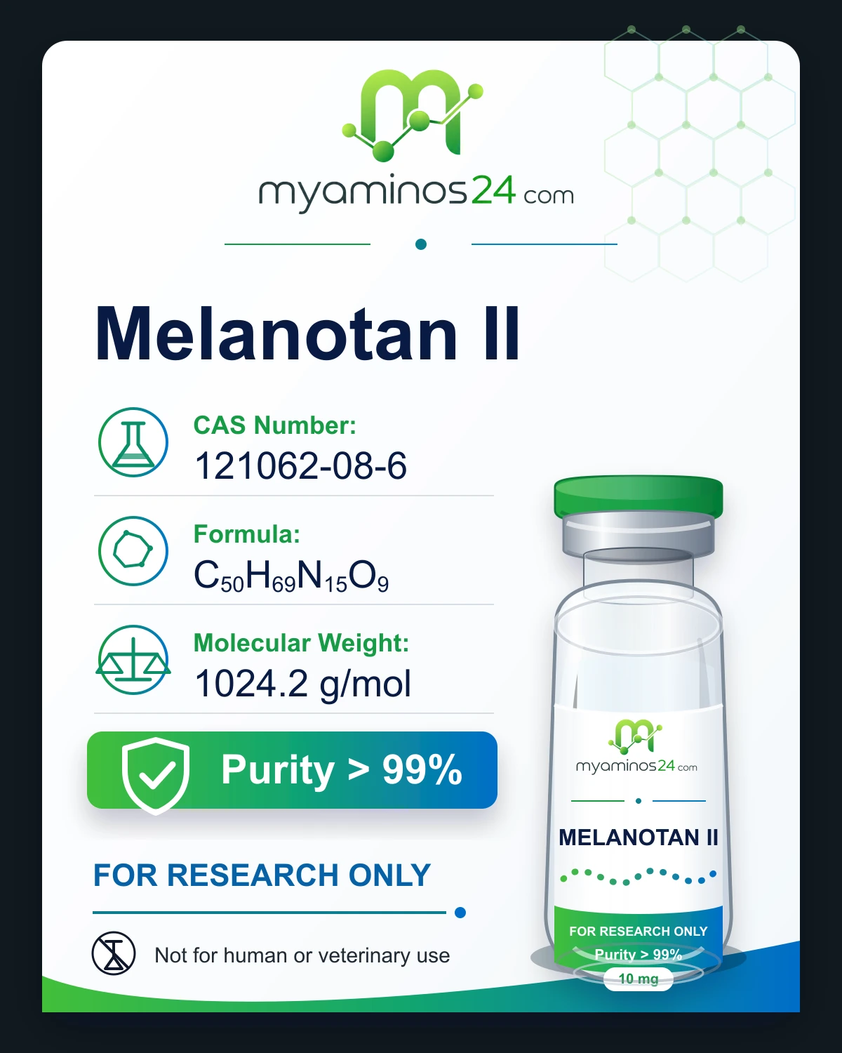 Research-only Kartei zu Melanotan II mit CAS, Formel, Molekulargewicht und Vial.