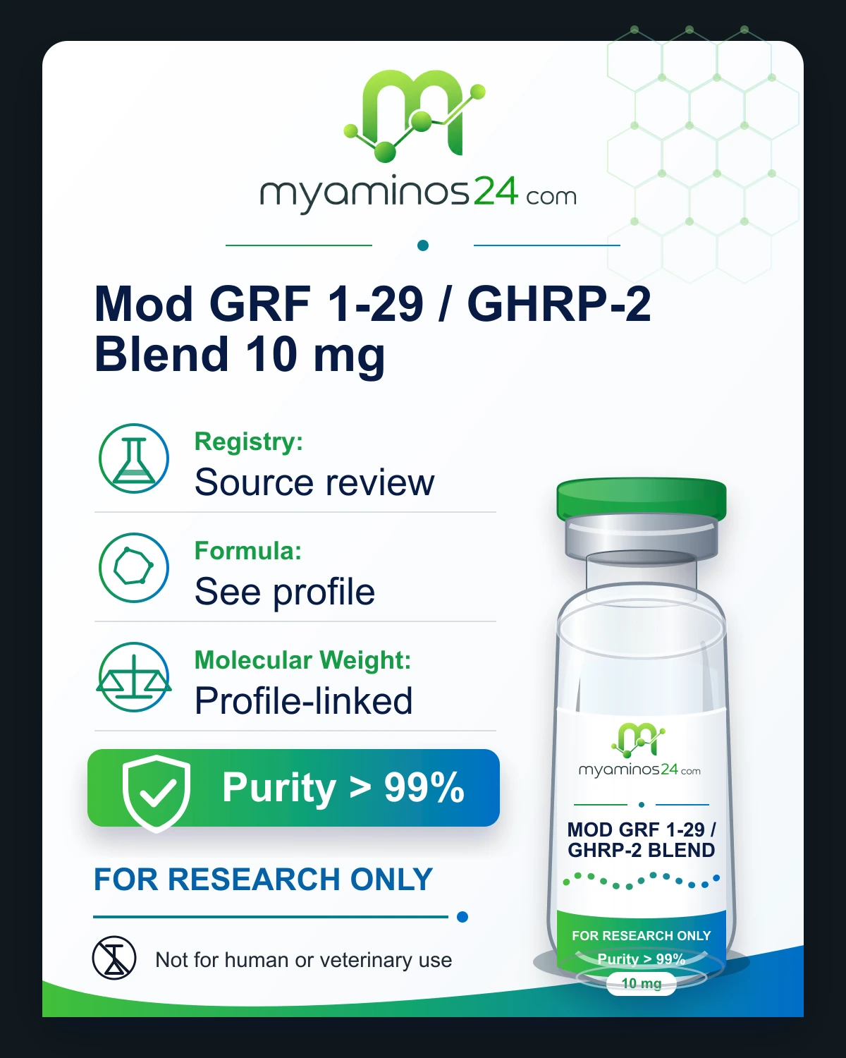 Research-only Kartei zu Mod GRF 1-29 / GHRP-2 Blend 10 mg mit CAS, Formel, Molekulargewicht und Vial.
