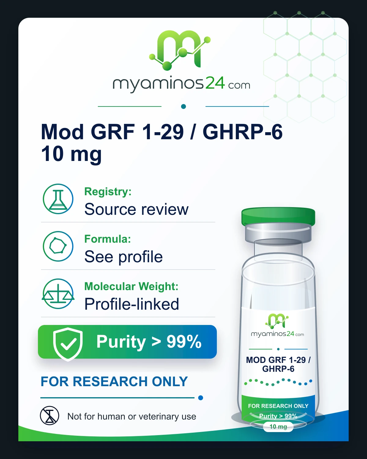 Research-only Kartei zu Mod GRF 1-29 / GHRP-6 10 mg mit CAS, Formel, Molekulargewicht und Vial.