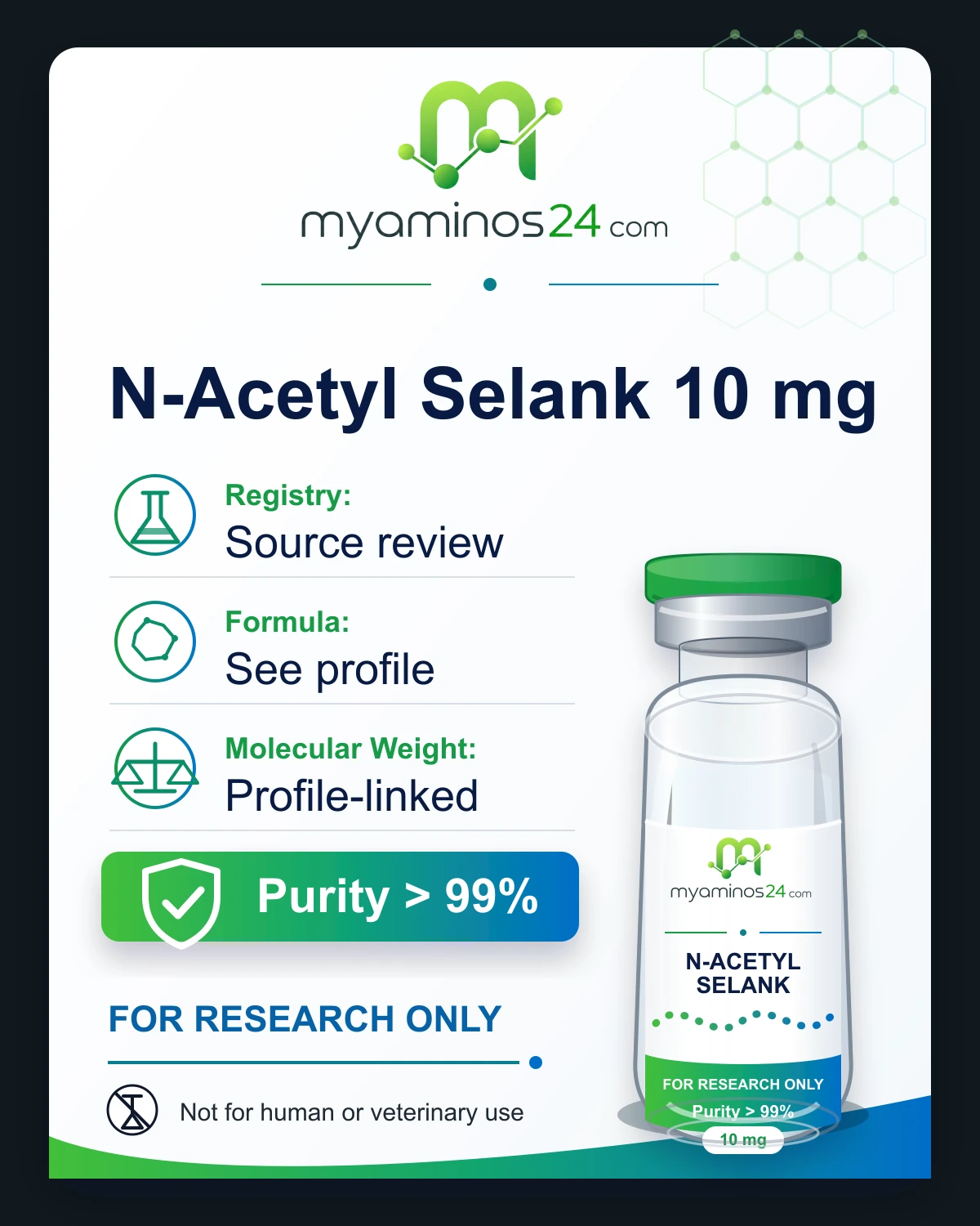 Research-only Kartei zu N-Acetyl Selank 10 mg mit CAS, Formel, Molekulargewicht und Vial.