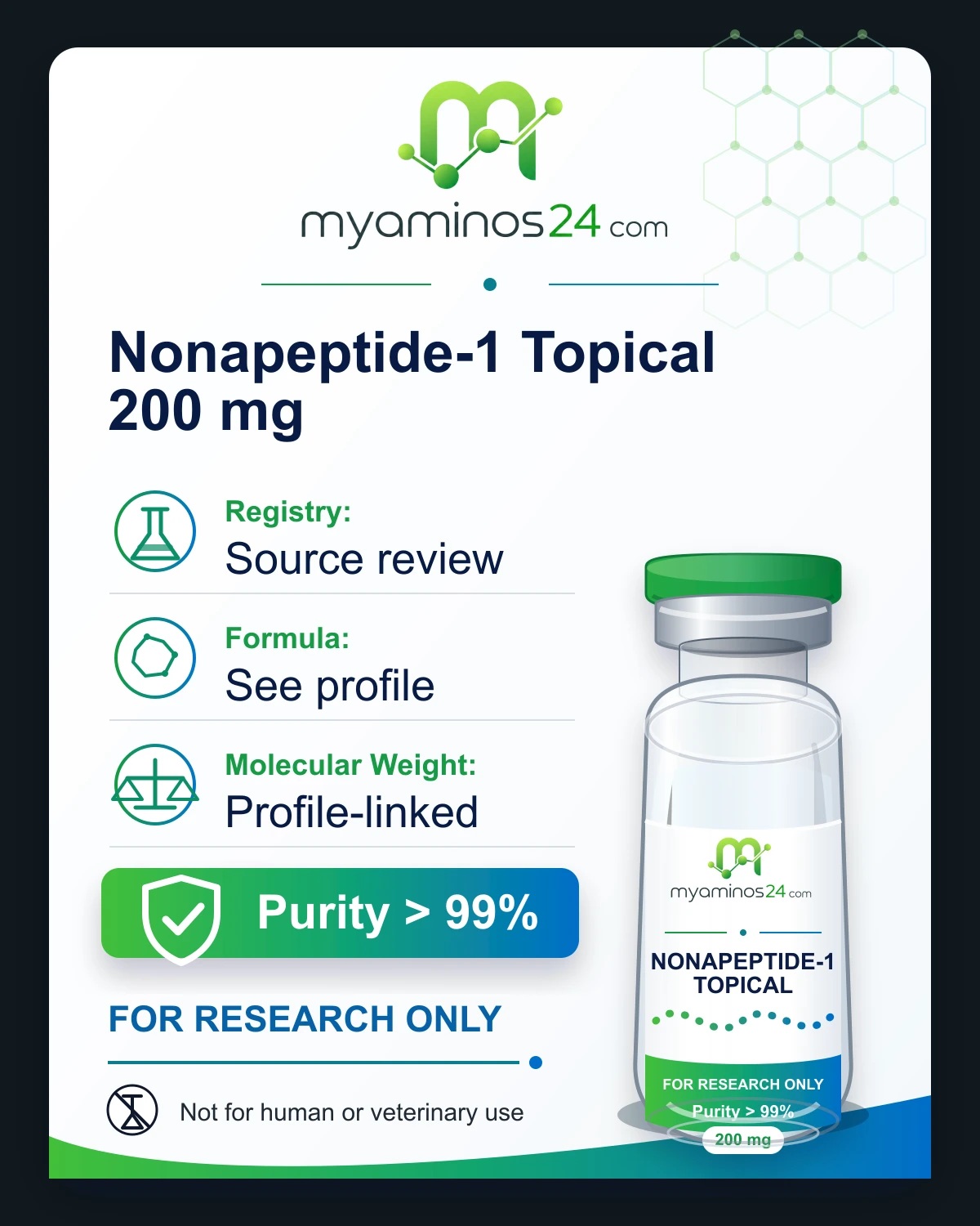 Research-only Kartei zu Nonapeptide-1 Topical 200 mg mit Profilangaben und Vial.