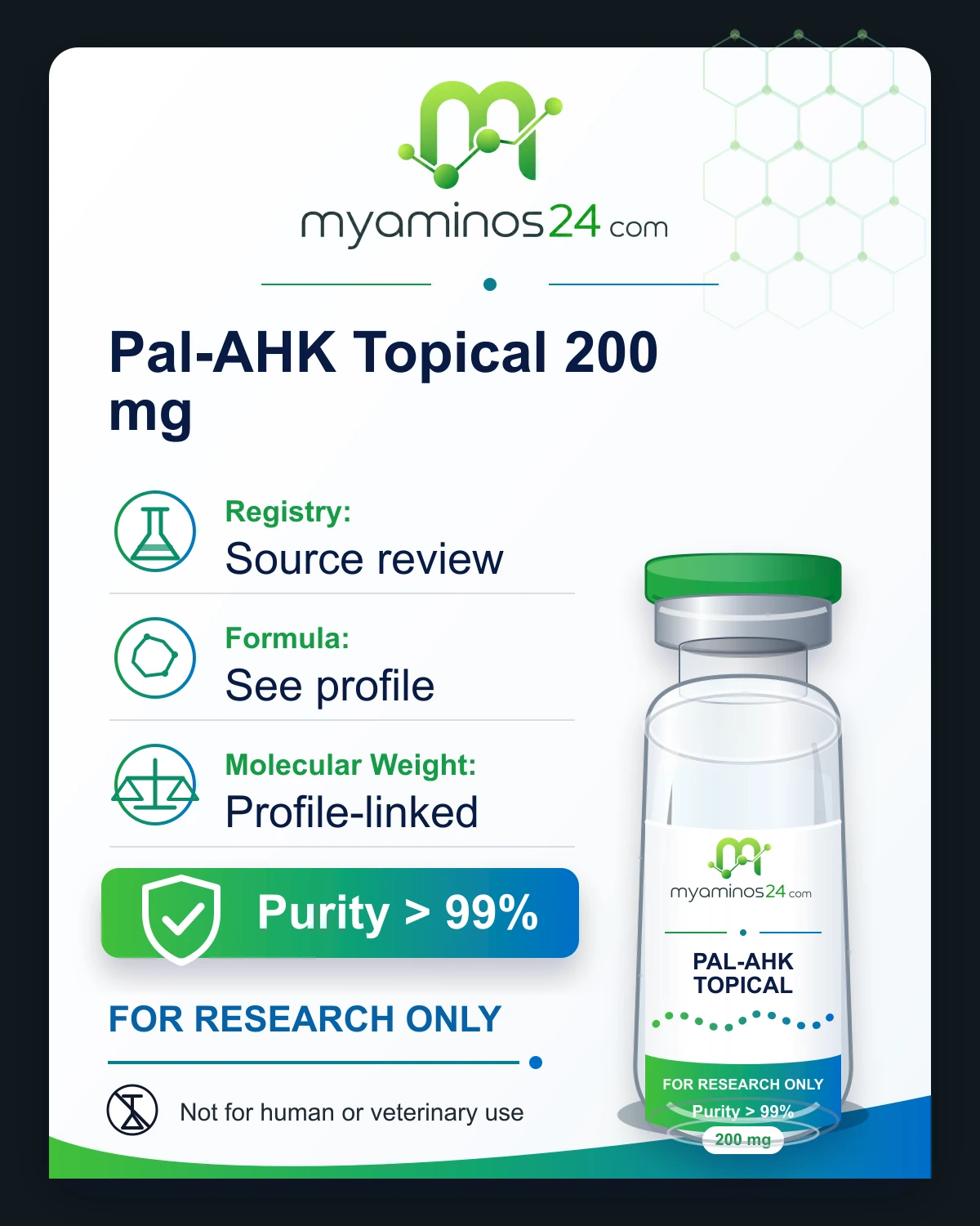 Research-only Kartei zu Pal-AHK Topical 200 mg mit CAS, Formel, Molekulargewicht und Vial.