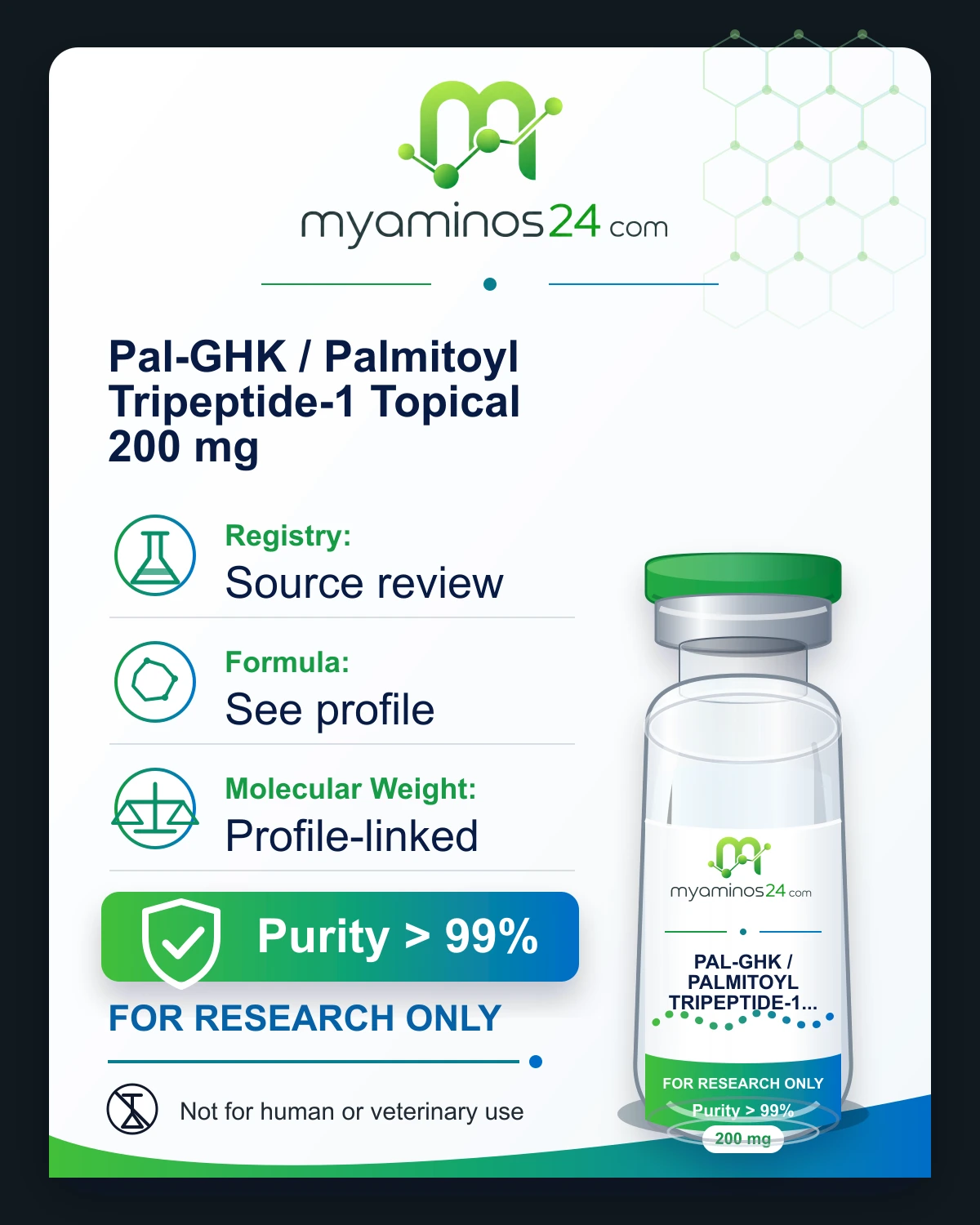 Research-only Kartei zu Pal-GHK / Palmitoyl Tripeptide-1 Topical 200 mg mit CAS, Formel, Molekulargewicht und Vial.
