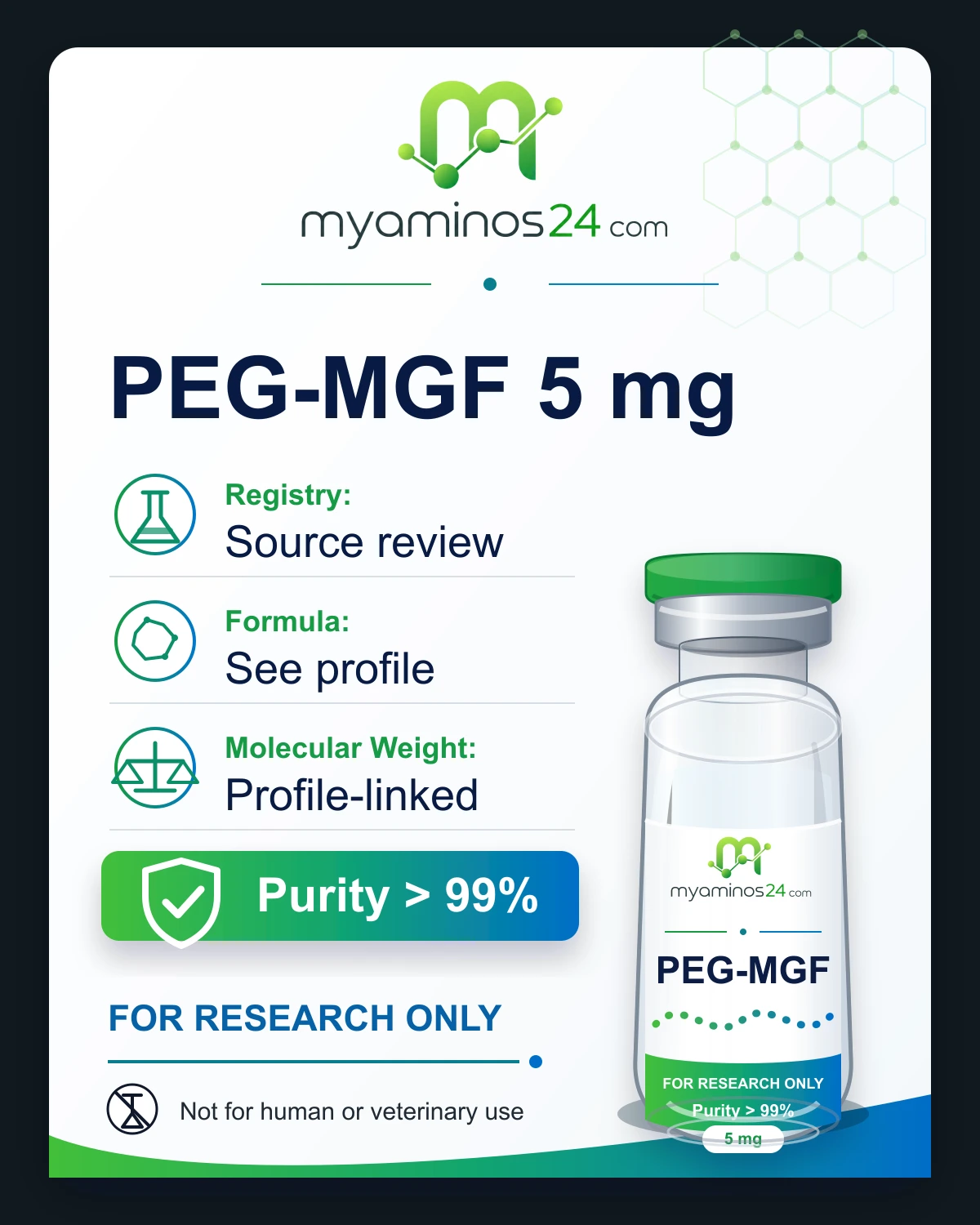 Research-only Kartei zu PEG-MGF 5 mg mit Profilangaben und Vial.