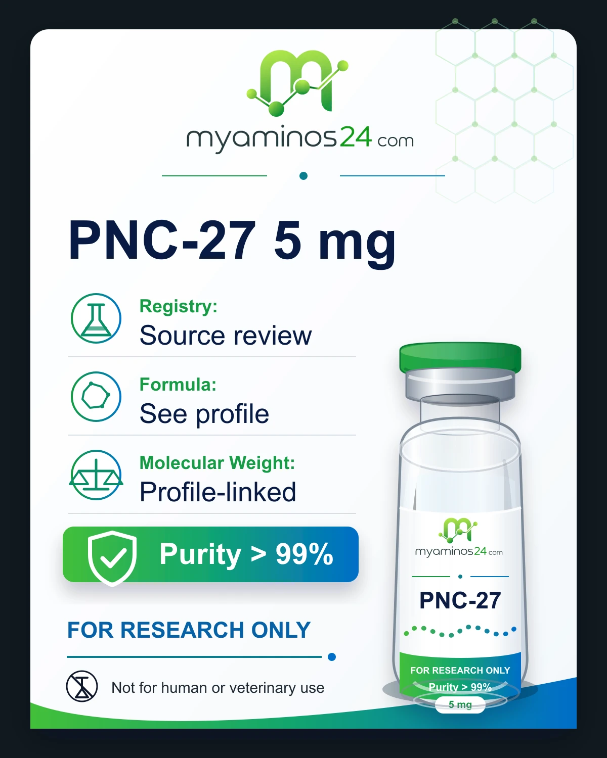 Research-only Kartei zu PNC-27 5 mg mit Profilangaben und Vial.