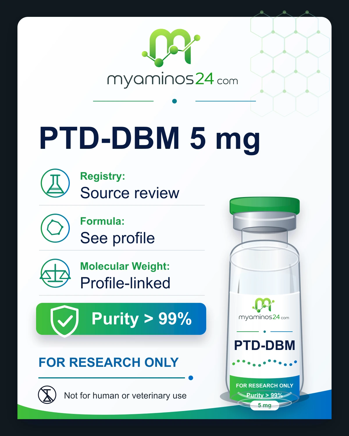 Research-only Kartei zu PTD-DBM 5 mg mit CAS, Formel, Molekulargewicht und Vial.