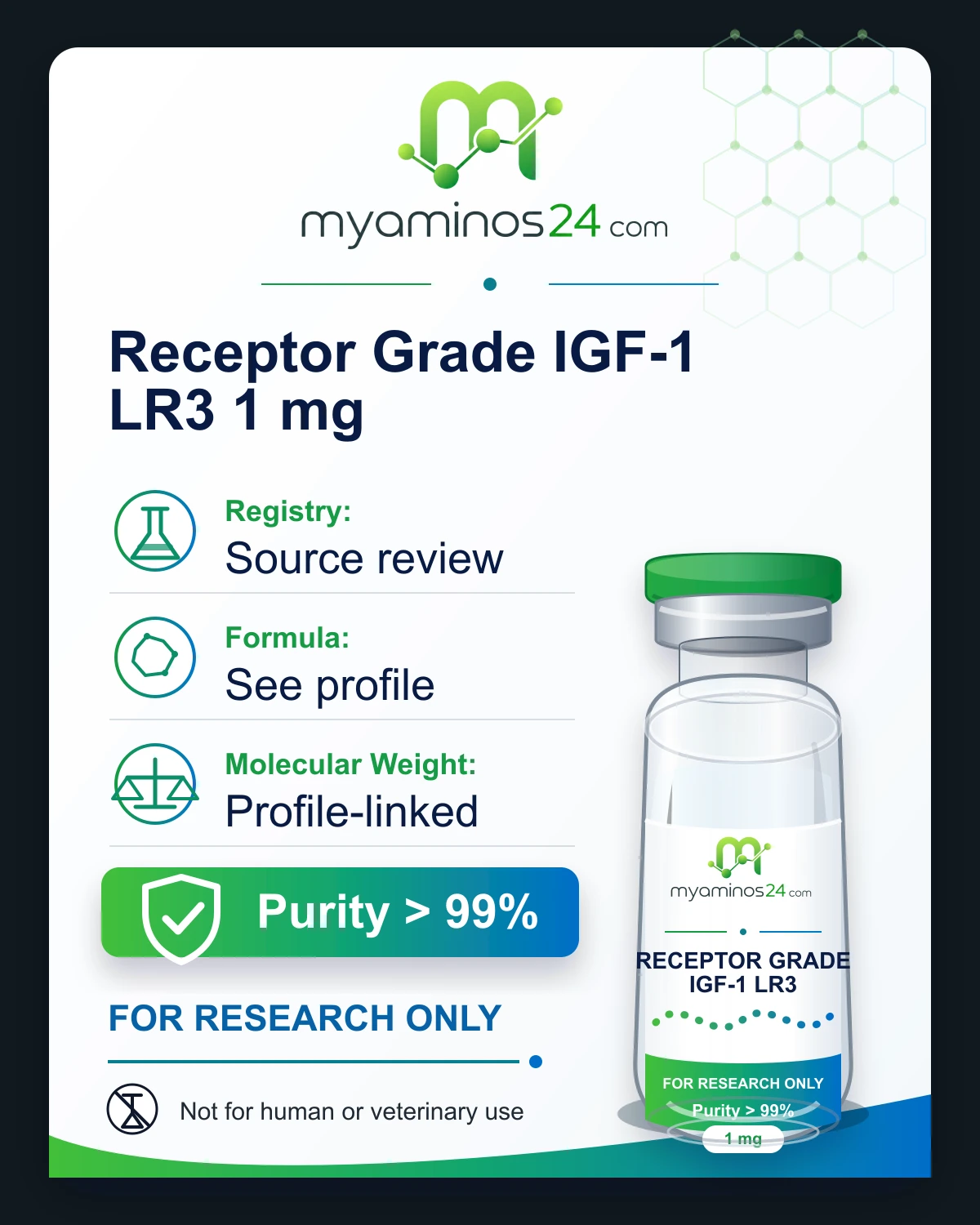Research-only Kartei zu Receptor Grade IGF-1 LR3 1 mg mit Profilangaben und Vial.