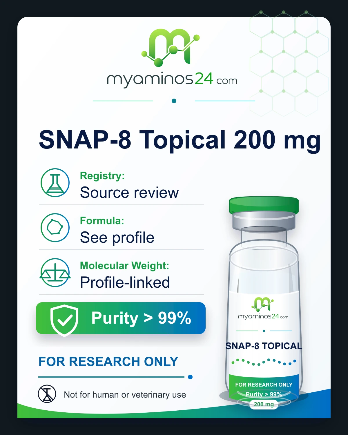 Research-only Kartei zu SNAP-8 Topical 200 mg mit Profilangaben und Vial.
