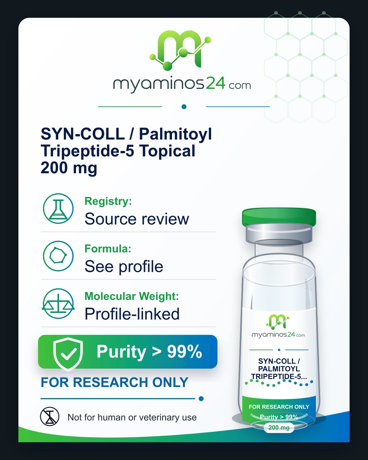 Research-only Kartei zu SYN-COLL / Palmitoyl Tripeptide-5 Topical 200 mg mit CAS, Formel, Molekulargewicht und Vial.