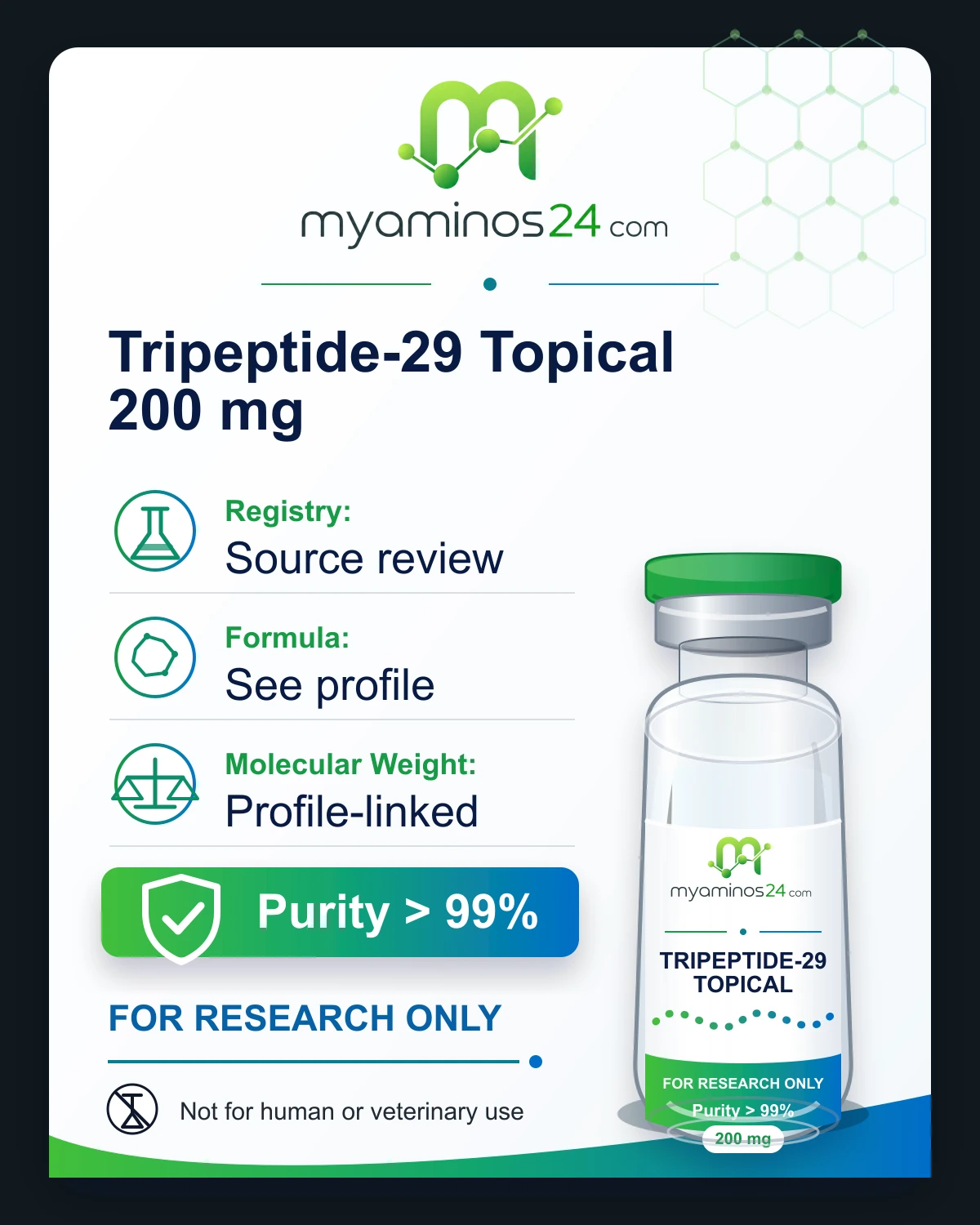 Research-only Kartei zu Tripeptide-29 Topical 200 mg mit Profilangaben und Vial.