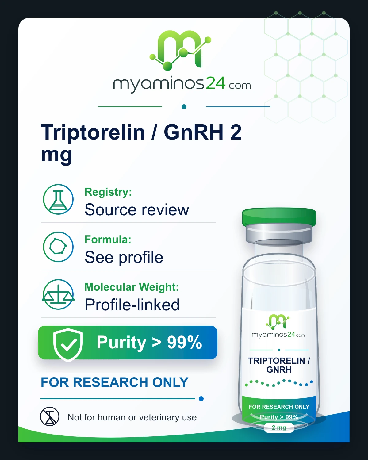 Research-only Kartei zu Triptorelin / GnRH 2 mg mit CAS, Formel, Molekulargewicht und Vial.