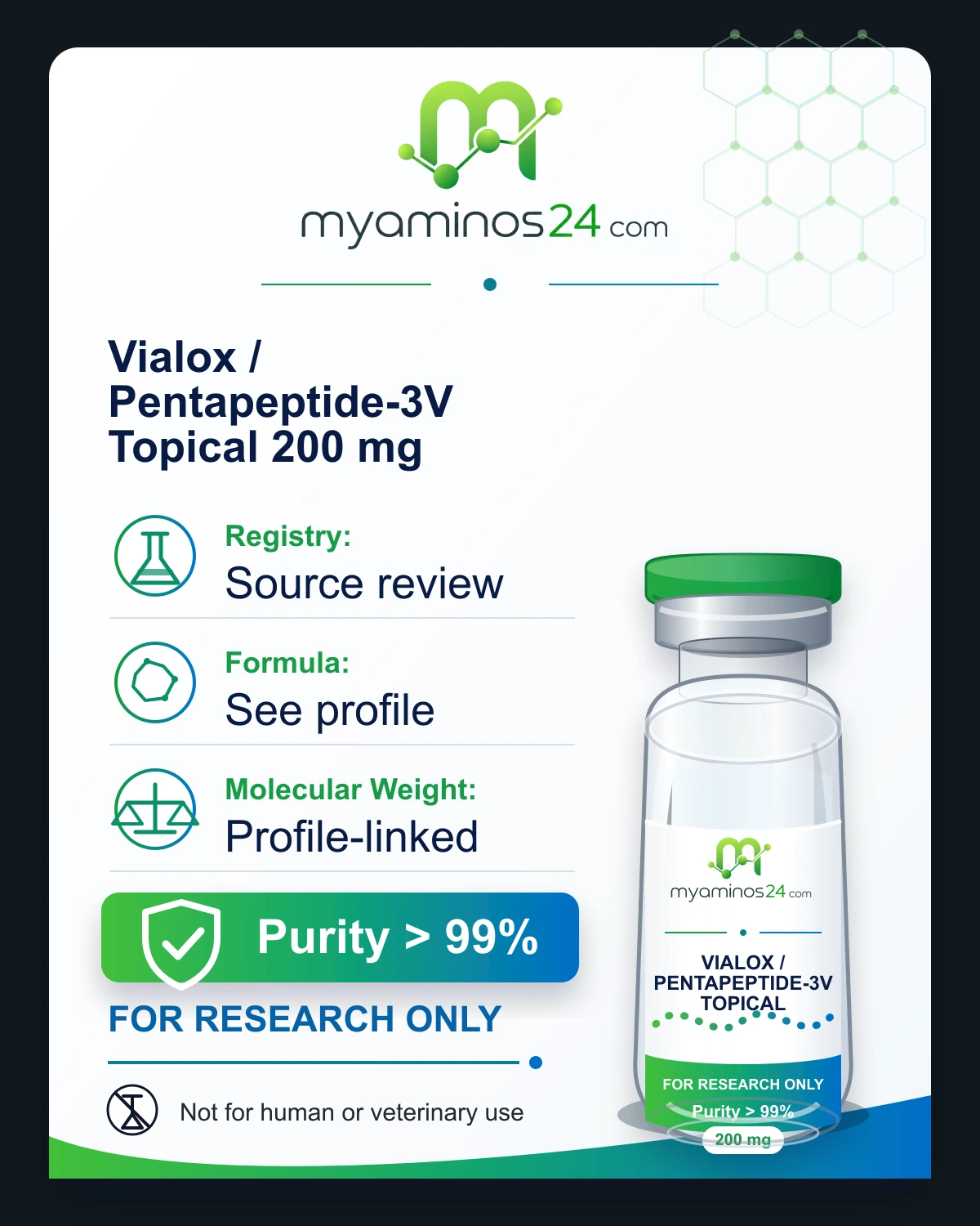 Research-only Kartei zu Vialox / Pentapeptide-3V Topical 200 mg mit Profilangaben und Vial.