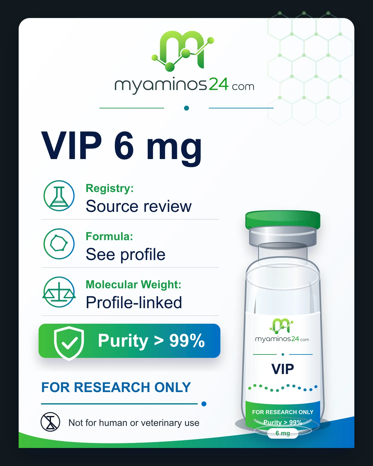 Research-only Kartei zu VIP 6 mg mit Profilangaben und Vial.
